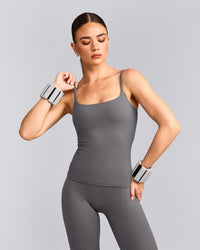SoftMotion™ Strappy Tank Top with Built in Bra Shelf with Grey Logo | Ash Grey