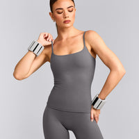 SoftMotion™ Strappy Tank Top with Built in Bra Shelf with Grey Logo | Ash Grey