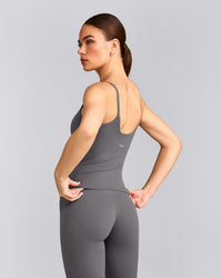 SoftMotion™ Strappy Tank Top with Built in Bra Shelf with Grey Logo | Ash Grey