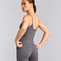 SoftMotion™ Strappy Tank Top with Built in Bra Shelf with Grey Logo | Ash Grey