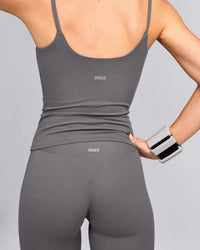 SoftMotion™ Strappy Tank Top with Built in Bra Shelf with Grey Logo | Ash Grey