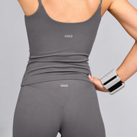 SoftMotion™ Strappy Tank Top with Built in Bra Shelf with Grey Logo | Ash Grey