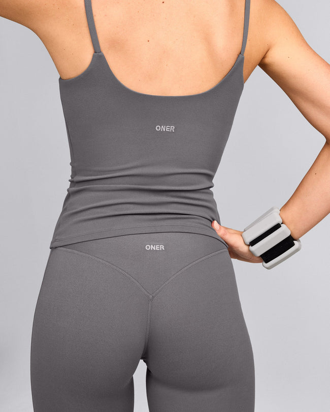 SoftMotion™ Strappy Tank Top with Built in Bra Shelf with Grey Logo | Ash Grey