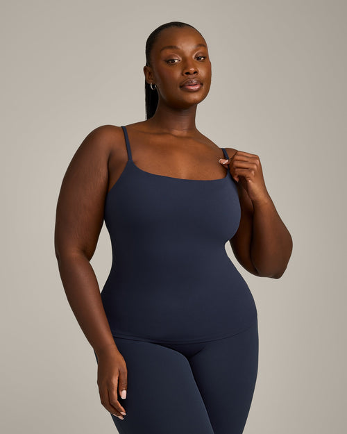 SoftMotion™ Strappy Vest with Built in Bra Shelf with Grey Logo | True Blue