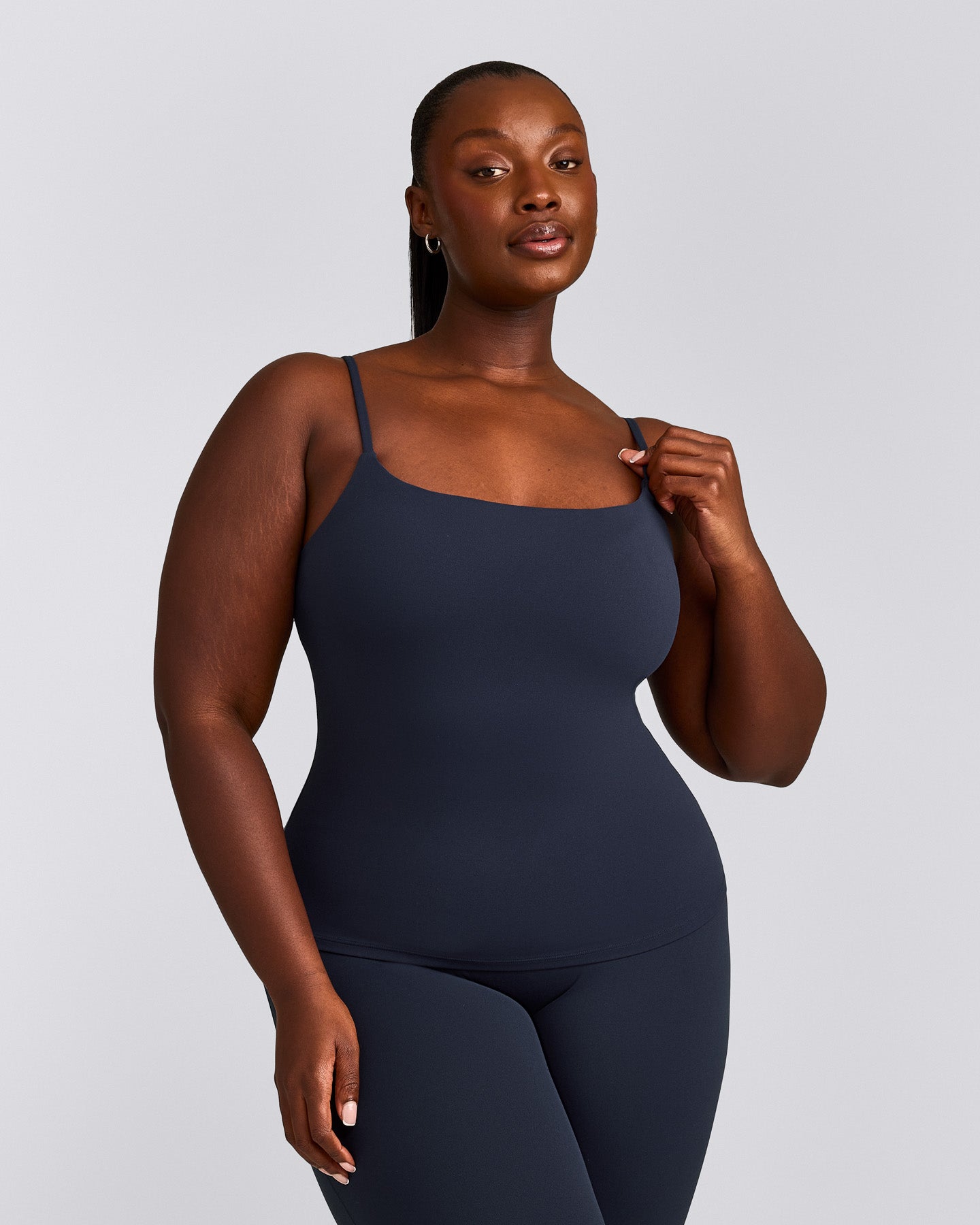 SoftMotion™ Strappy Tank Top with Built in Bra Shelf with Grey Logo | True Blue
