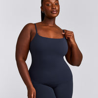 SoftMotion™ Strappy Tank Top with Built in Bra Shelf with Grey Logo | True Blue