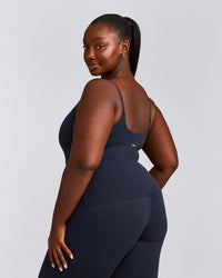 SoftMotion™ Strappy Tank Top with Built in Bra Shelf with Grey Logo | True Blue