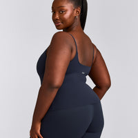 SoftMotion™ Strappy Tank Top with Built in Bra Shelf with Grey Logo | True Blue