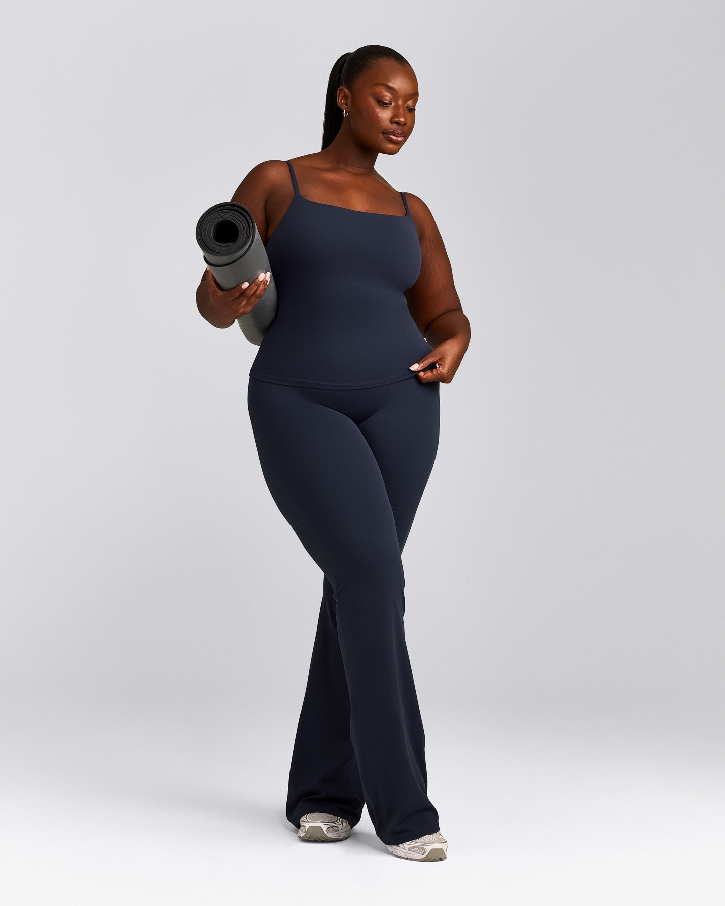SoftMotion™ Strappy Tank Top with Built in Bra Shelf with Grey Logo | True Blue