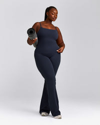 SoftMotion™ Strappy Tank Top with Built in Bra Shelf with Grey Logo | True Blue