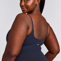 SoftMotion™ Strappy Tank Top with Built in Bra Shelf with Grey Logo | True Blue