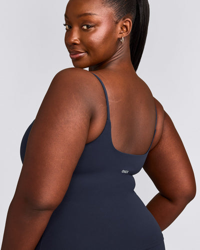 SoftMotion™ Strappy Tank Top with Built in Bra Shelf with Grey Logo | True Blue