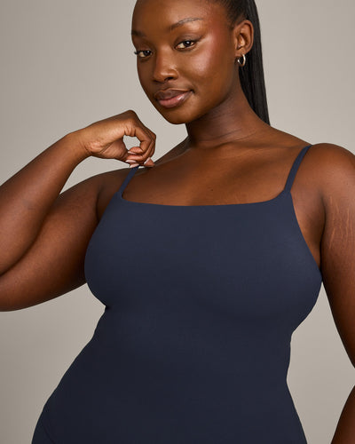 SoftMotion™ Strappy Vest with Built in Bra Shelf with Grey Logo | True Blue