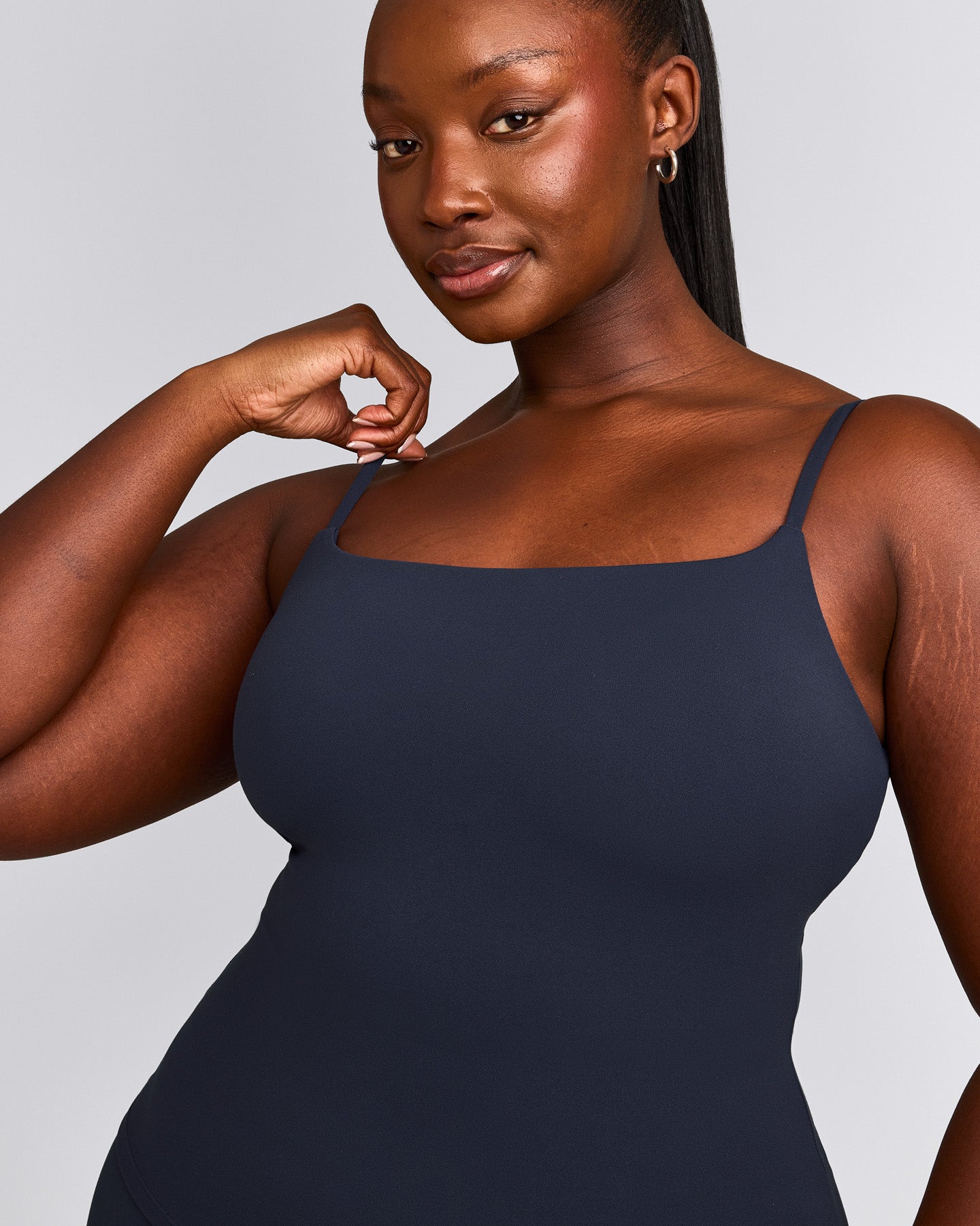 SoftMotion™ Strappy Tank Top with Built in Bra Shelf with Grey Logo | True Blue