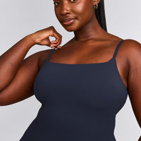 SoftMotion™ Strappy Tank Top with Built in Bra Shelf with Grey Logo | True Blue