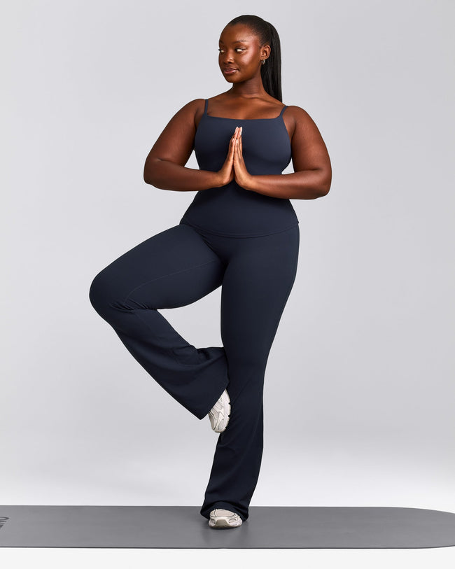 SoftMotion™ Strappy Tank Top with Built in Bra Shelf with Grey Logo | True Blue
