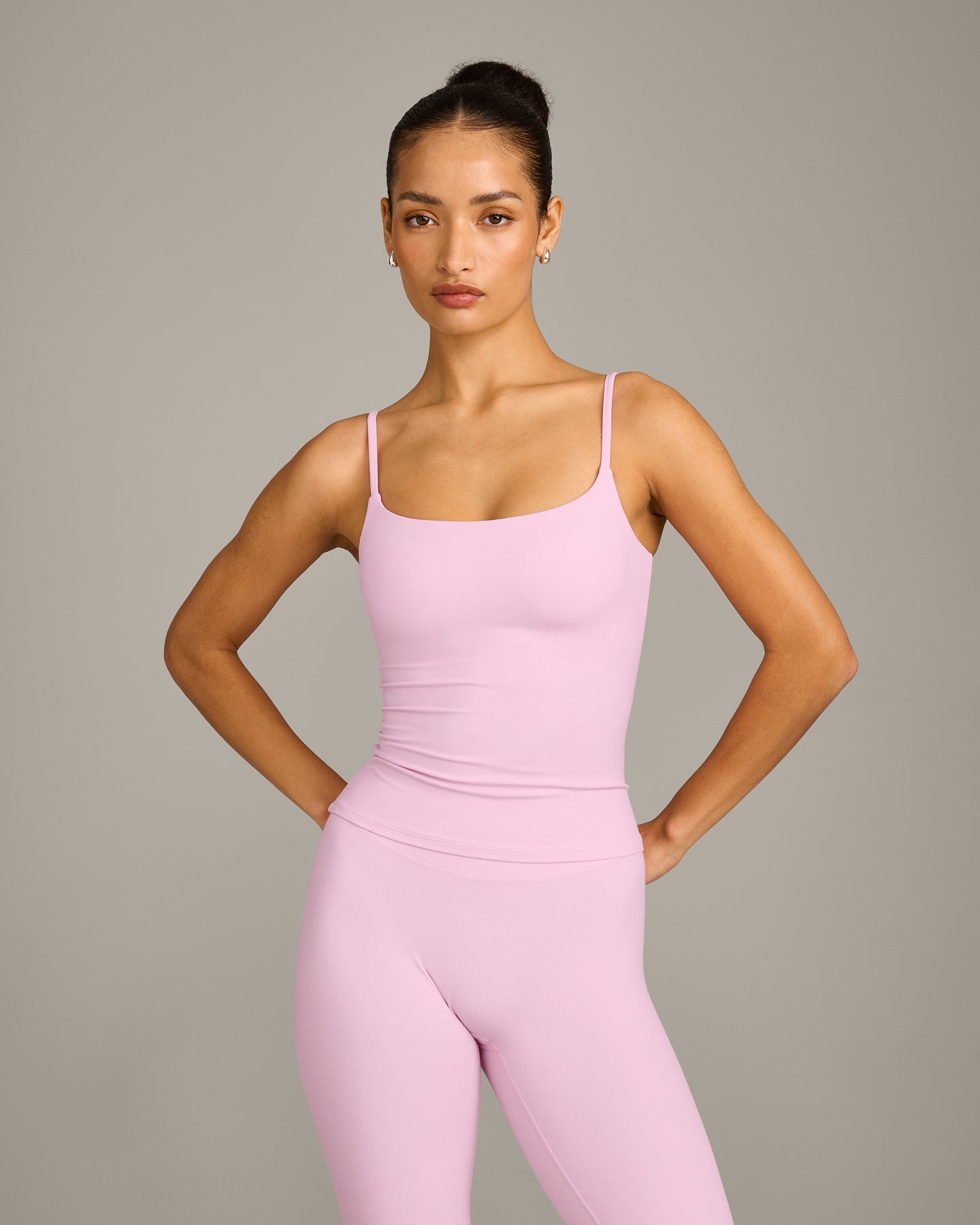 SoftMotion™ Strappy Vest with Built in Bra Shelf with Grey Logo | Chalk Pink