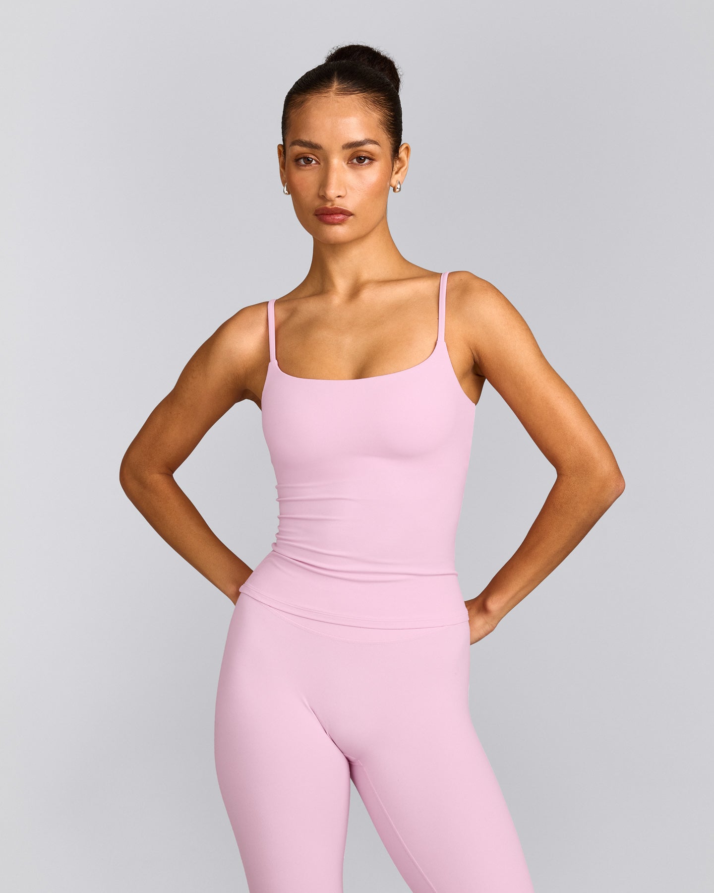 SoftMotion™ Strappy Tank Top with Built in Bra Shelf with Grey Logo | Chalk Pink