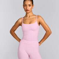 SoftMotion™ Strappy Tank Top with Built in Bra Shelf with Grey Logo | Chalk Pink