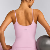 SoftMotion™ Strappy Tank Top with Built in Bra Shelf with Grey Logo | Chalk Pink