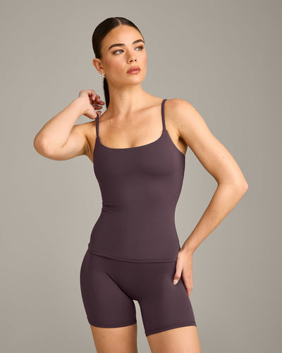 SoftMotion™ Strappy Vest with Built in Bra Shelf with Grey Logo | Dark Umber Brown