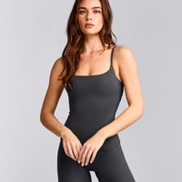 SoftMotion™ Strappy Tank Top with Built in Bra Shelf with Grey Logo | Coal