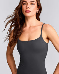 SoftMotion™ Strappy Tank Top with Built in Bra Shelf with Grey Logo | Coal