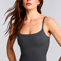 SoftMotion™ Strappy Tank Top with Built in Bra Shelf with Grey Logo | Coal