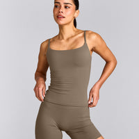 SoftMotion™ Strappy Tank Top with Built in Bra Shelf with Grey Logo | Moss Brown