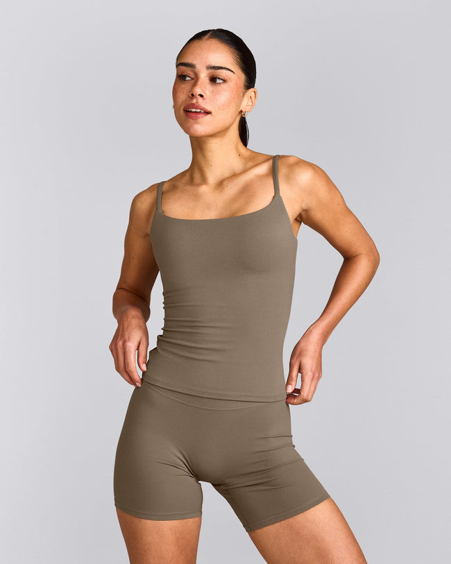 SoftMotion™ Strappy Tank Top with Built in Bra Shelf with Grey Logo | Moss Brown