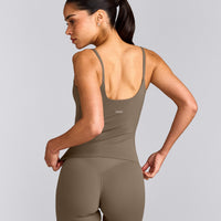 SoftMotion™ Strappy Tank Top with Built in Bra Shelf with Grey Logo | Moss Brown