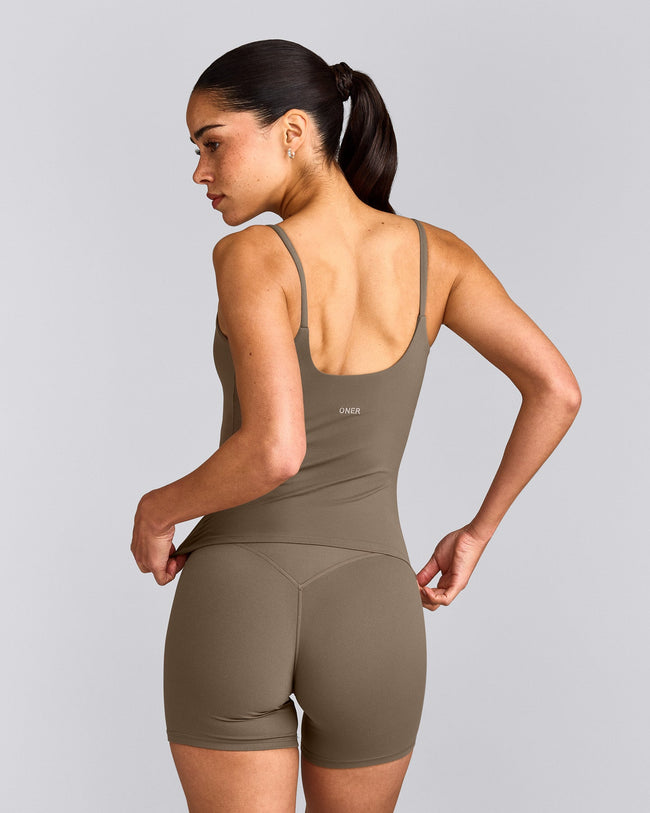 SoftMotion™ Strappy Tank Top with Built in Bra Shelf with Grey Logo | Moss Brown