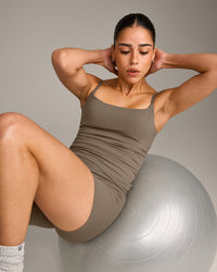 SoftMotion™ Strappy Vest with Built in Bra Shelf with Grey Logo | Moss Brown