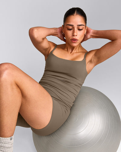 SoftMotion™ Strappy Tank Top with Built in Bra Shelf with Grey Logo | Moss Brown