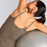 SoftMotion™ Strappy Tank Top with Built in Bra Shelf with Grey Logo | Moss Brown