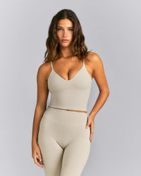 SoftMotion™ Adjustable V Neck Mid Tank Top with Built in Bra Shelf | Oatmeal