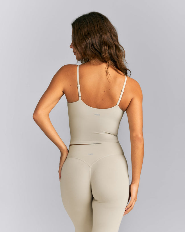 SoftMotion™ Adjustable V Neck Mid Tank Top with Built in Bra Shelf | Oatmeal