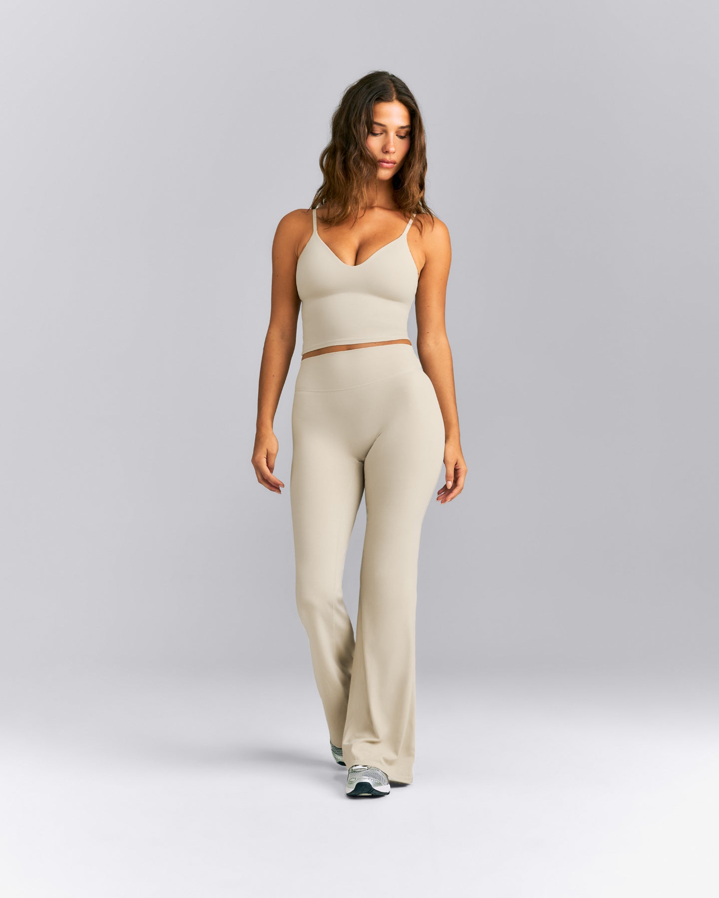 SoftMotion™ Adjustable V Neck Mid Tank Top with Built in Bra Shelf | Oatmeal