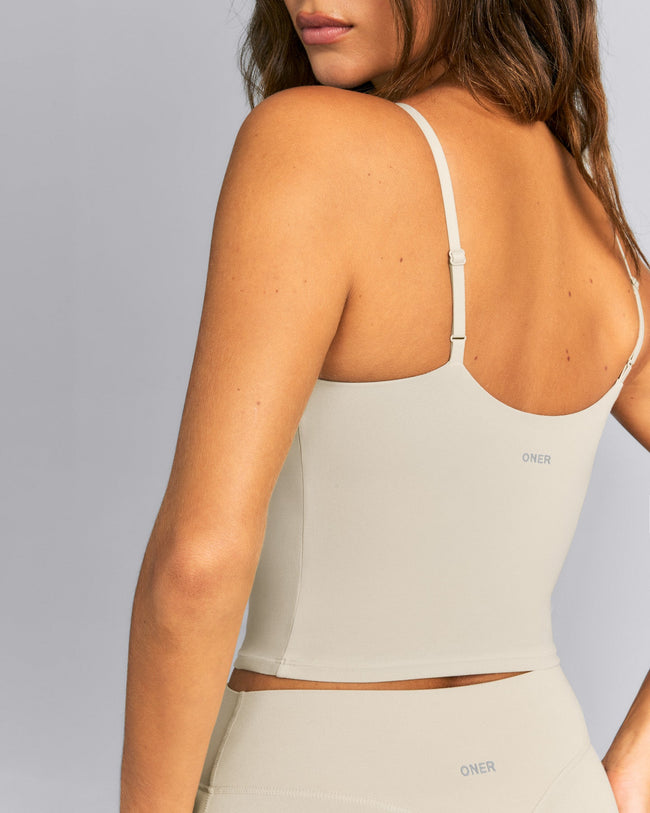 SoftMotion™ Adjustable V Neck Mid Tank Top with Built in Bra Shelf | Oatmeal