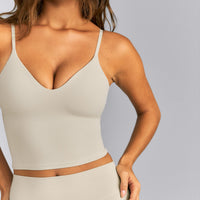 SoftMotion™ Adjustable V Neck Mid Tank Top with Built in Bra Shelf | Oatmeal