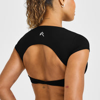 Unified Twist Front Short Sleeve Crop Top White Logo | Black