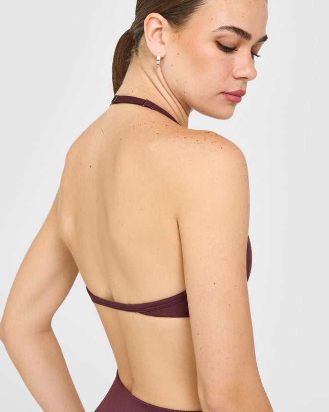 EnhanceLift™ Seamless Minimal Halter Neck Bralette with White Logo | Velvet Mocha