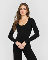 SoftMotion™ Scoop Neck Long Sleeve Top with Built in Bra Shelf with White Logo | Black