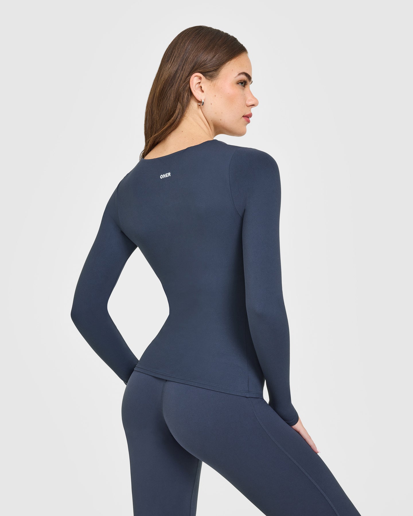 SoftMotion™ Scoop Neck Long Sleeve Top with Built in Bra Shelf with White Logo | True Blue