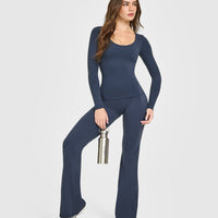 SoftMotion™ Scoop Neck Long Sleeve Top with Built in Bra Shelf with White Logo | True Blue