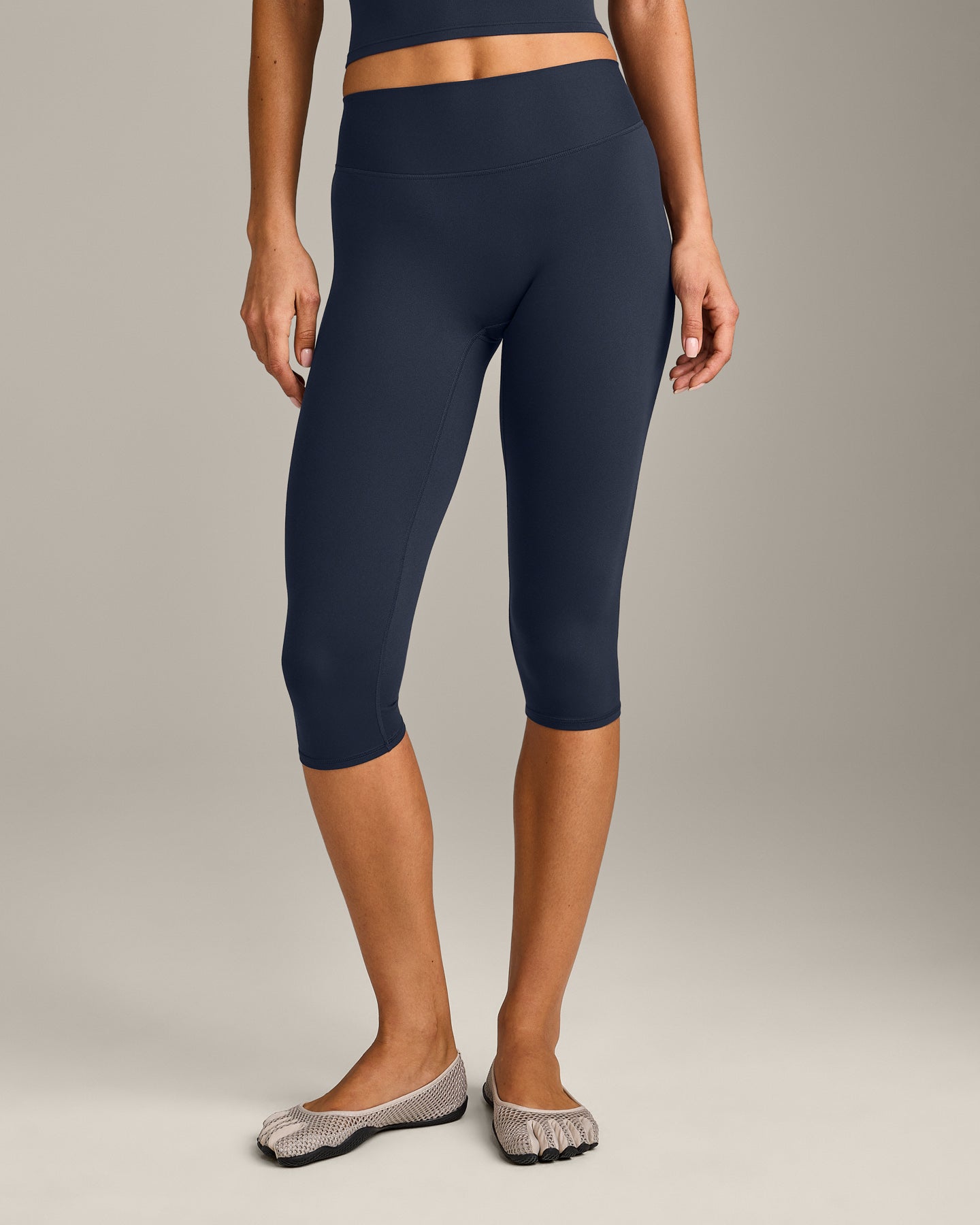 SoftMotion™ High Waisted Capri Leggings with Grey Logo | True Blue