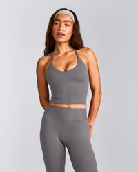SoftMotion™ Strappy Halter Neck Mid Tank Top with Built in Bra Shelf with Grey Logo | Ash Grey