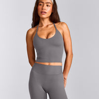 SoftMotion™ Strappy Halter Neck Mid Tank Top with Built in Bra Shelf with Grey Logo | Ash Grey