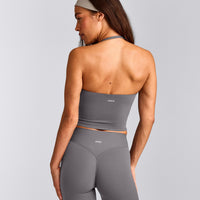 SoftMotion™ Strappy Halter Neck Mid Tank Top with Built in Bra Shelf with Grey Logo | Ash Grey