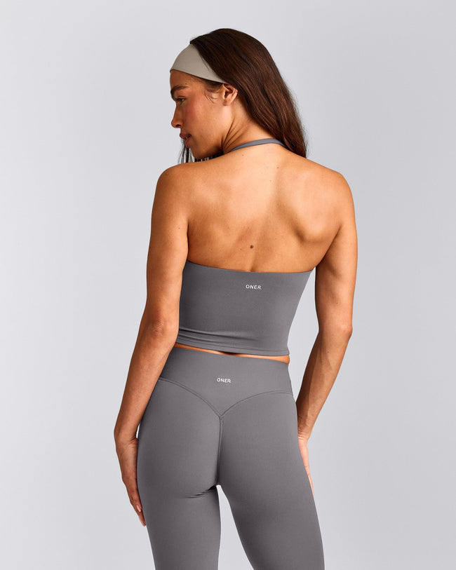 SoftMotion™ Strappy Halter Neck Mid Tank Top with Built in Bra Shelf with Grey Logo | Ash Grey
